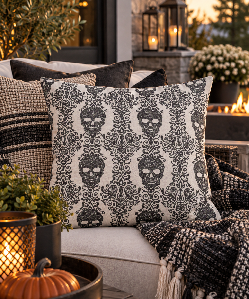 Gothic Damask Skull Throw Pillow – 20"
