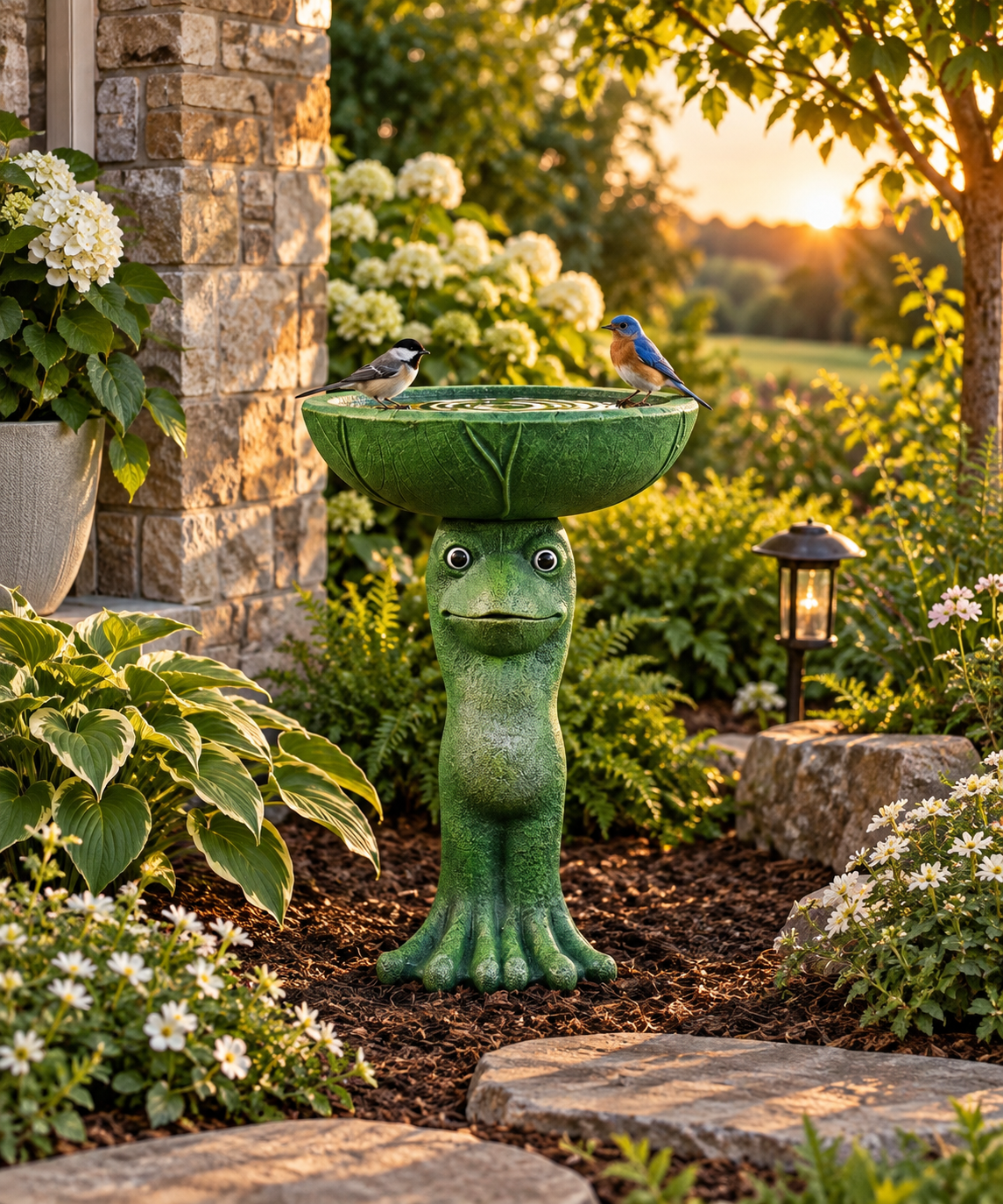 Concrete Frog Lily Pad Bird Bath – 25”