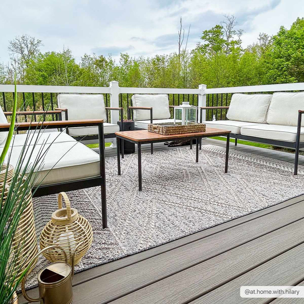 Areli beige charcoal area rug styled in a living space