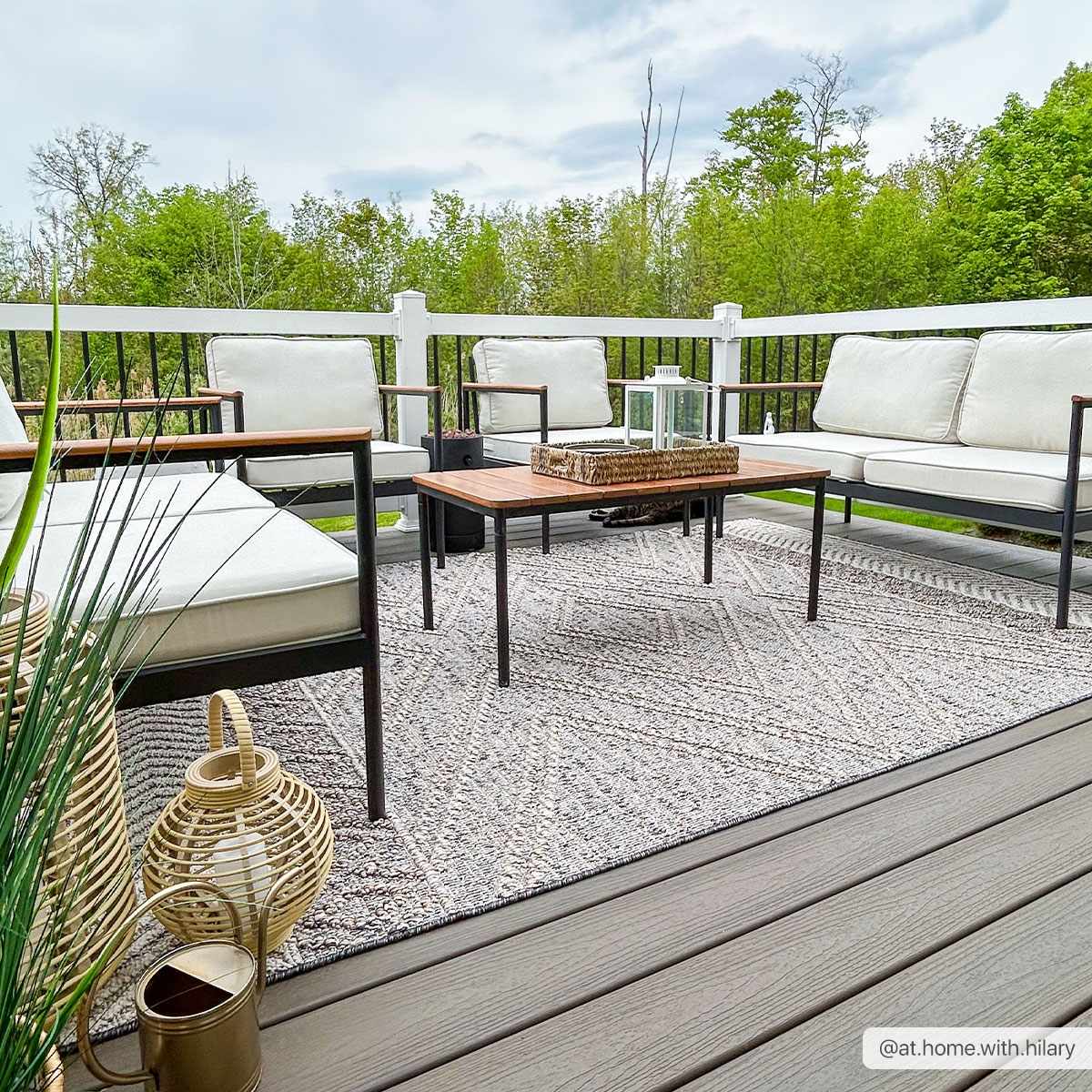Areli beige charcoal area rug styled in a living space