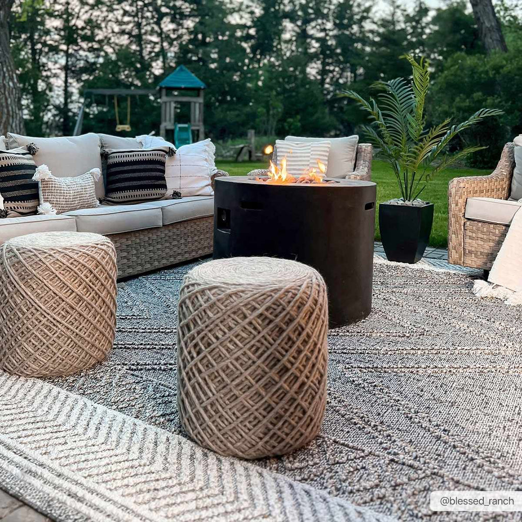 Areli outdoor area rug styled with neutral furniture
