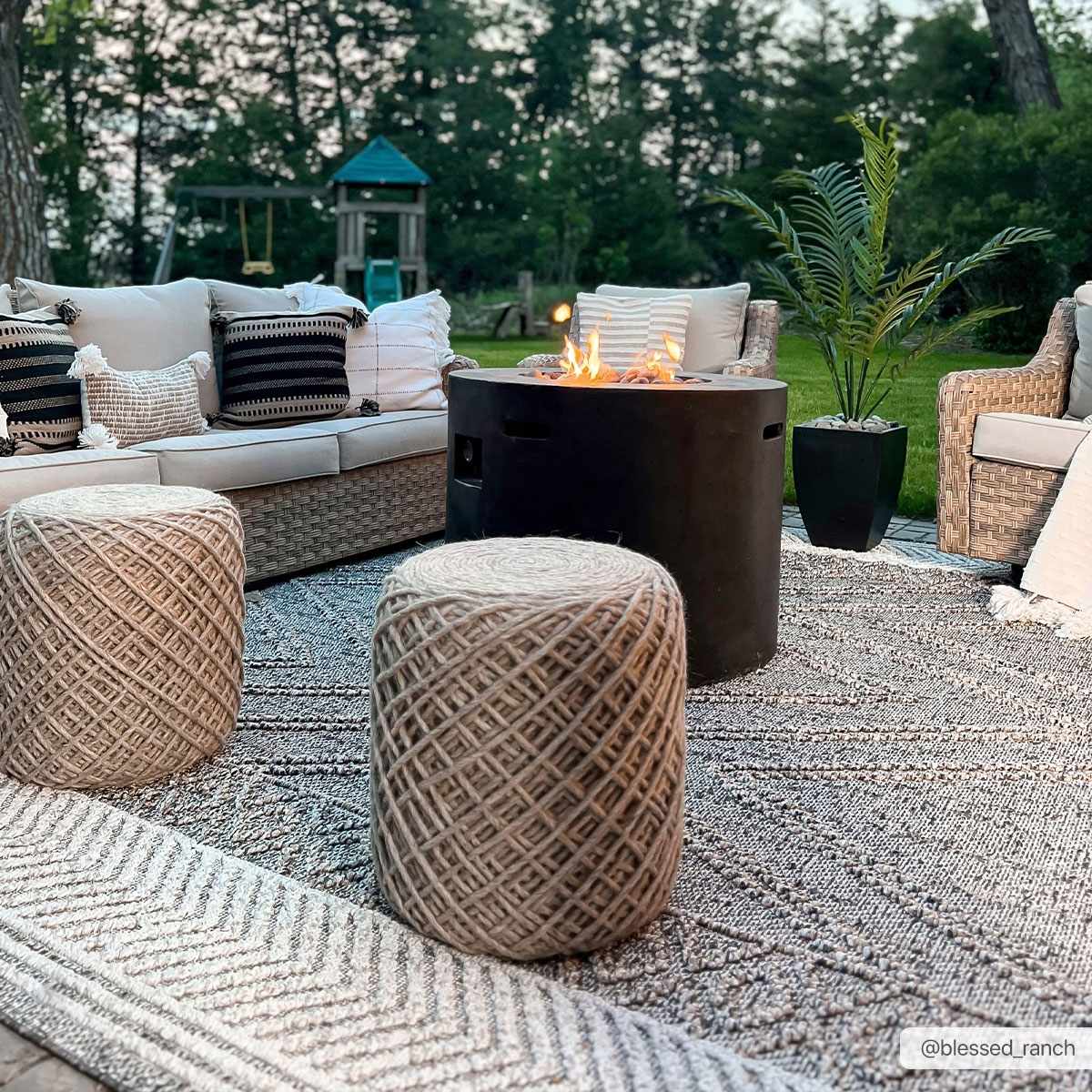 Areli outdoor area rug styled with neutral furniture
