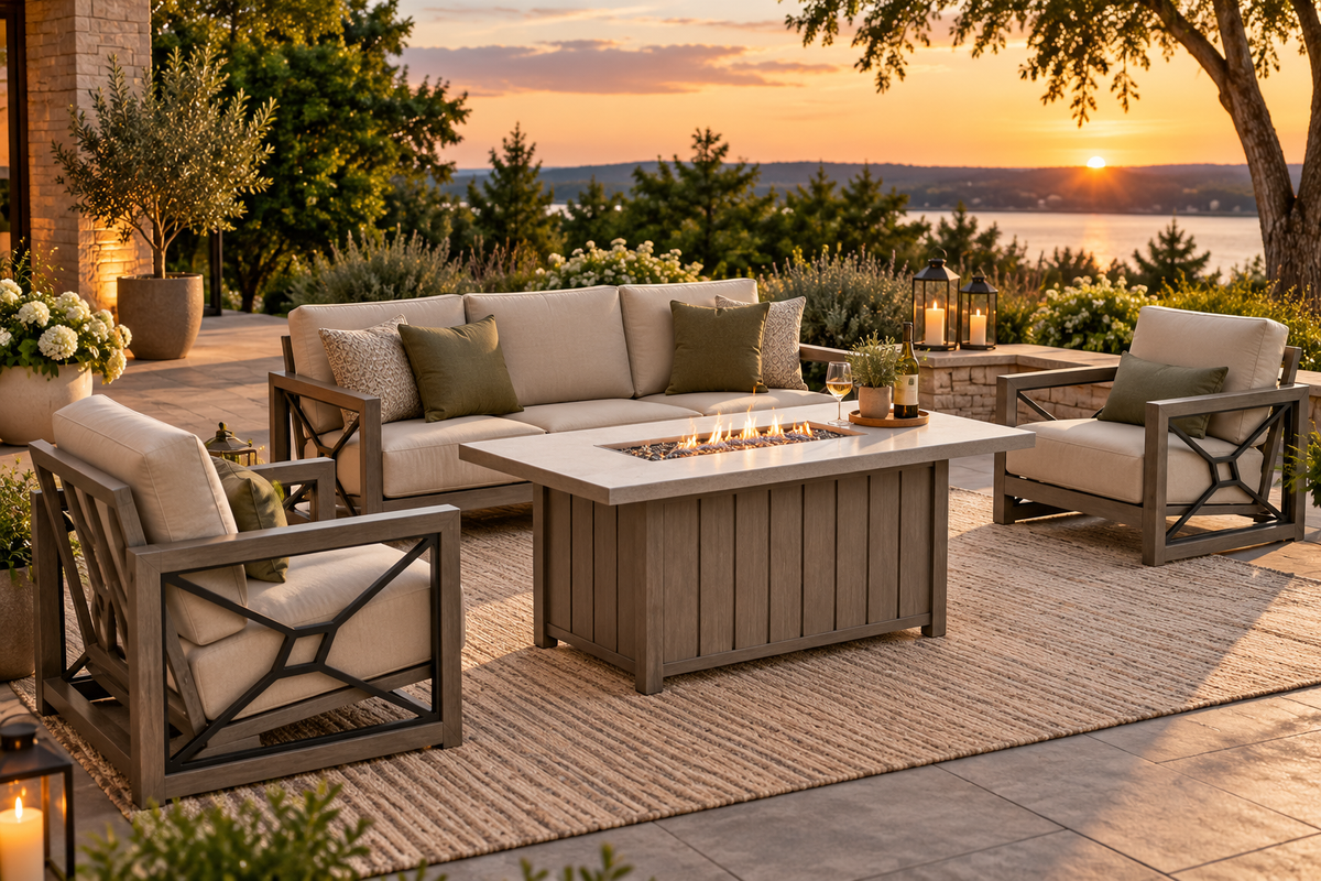 Luxury 4-Piece Aluminum Patio Set with Sunbrella® Cushions & Fire Pit