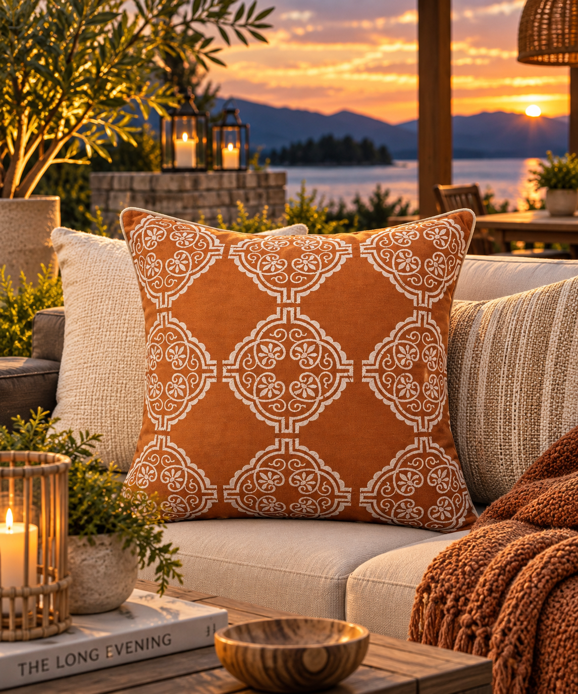 Burnt Orange Damask Embroidered Throw Pillow – 20"