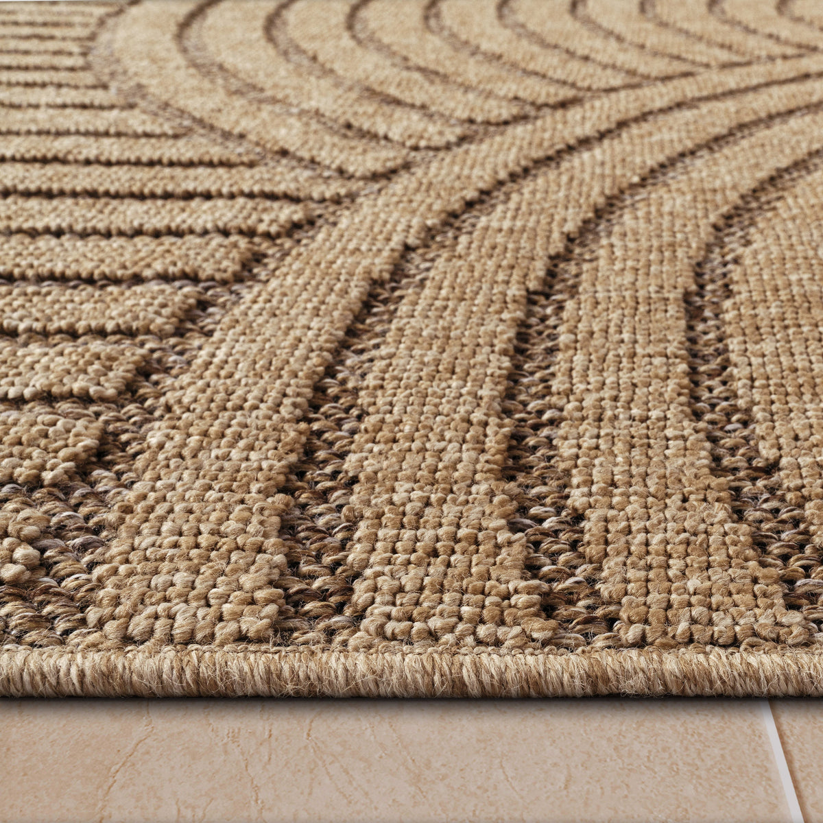 Modern beige indoor/outdoor rug with abstract line pattern