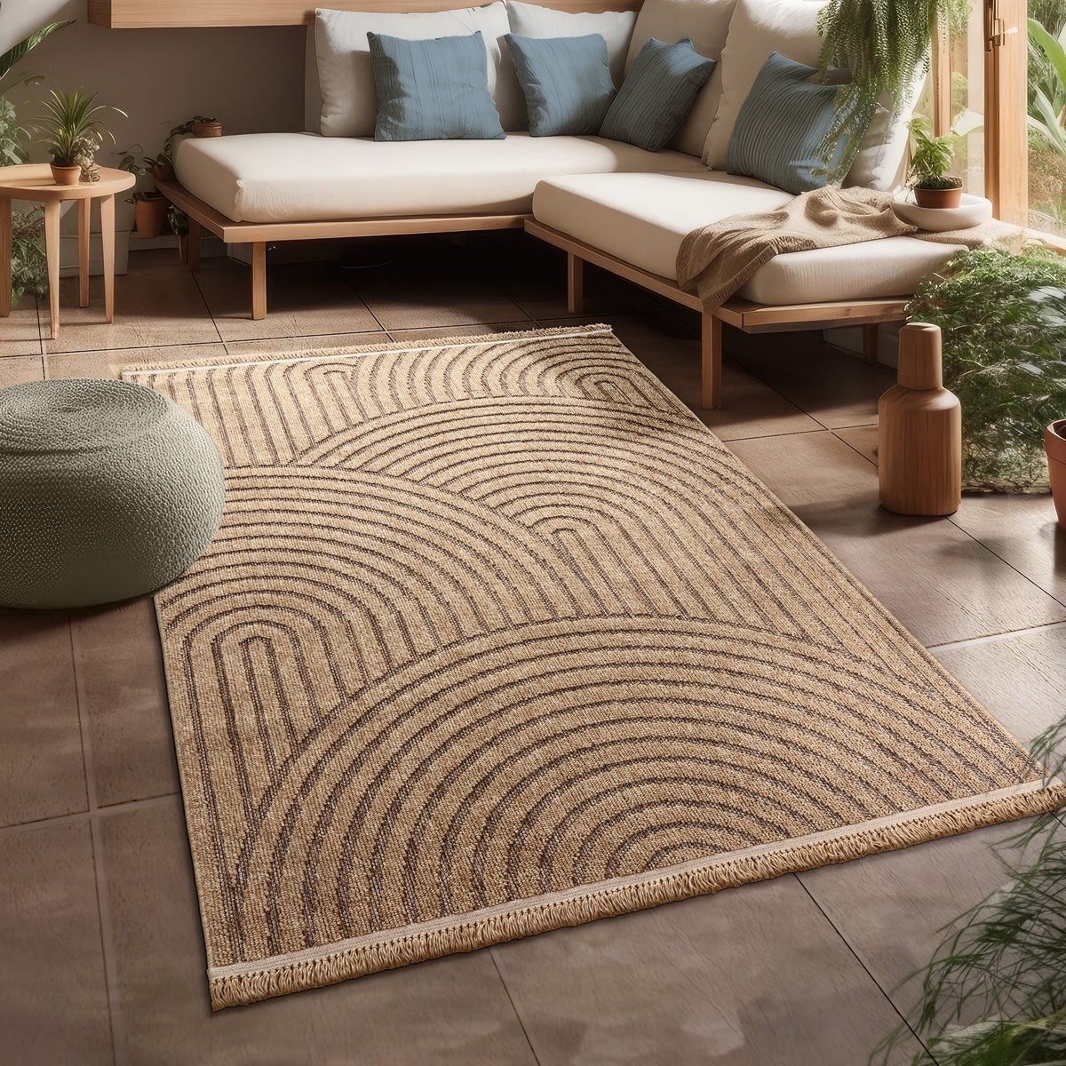 Cologne beige indoor/outdoor rug with modern lines and circles