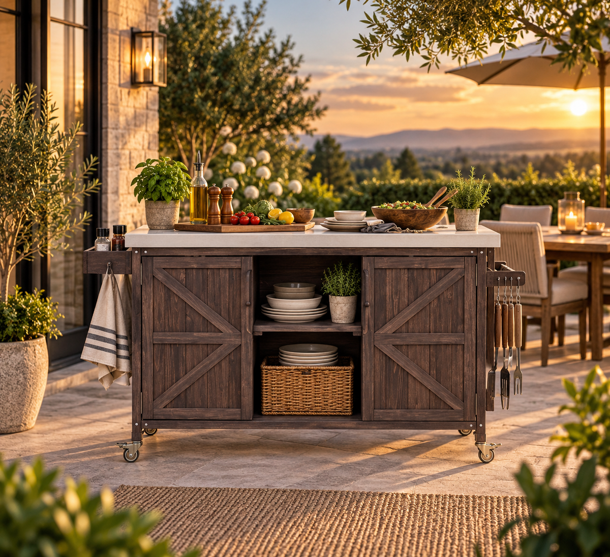 Outdoor Kitchen Island, Rolling Bar Cart & Storage Cabinet-Brown