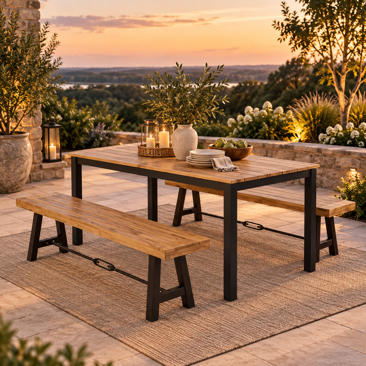 3-Piece Acacia Wood Dining Set with Benches