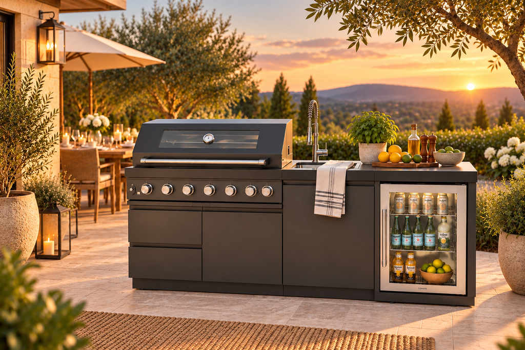 6-Burner Outdoor Kitchen Island with Wine Cooler, Sink & Rotisserie – Black