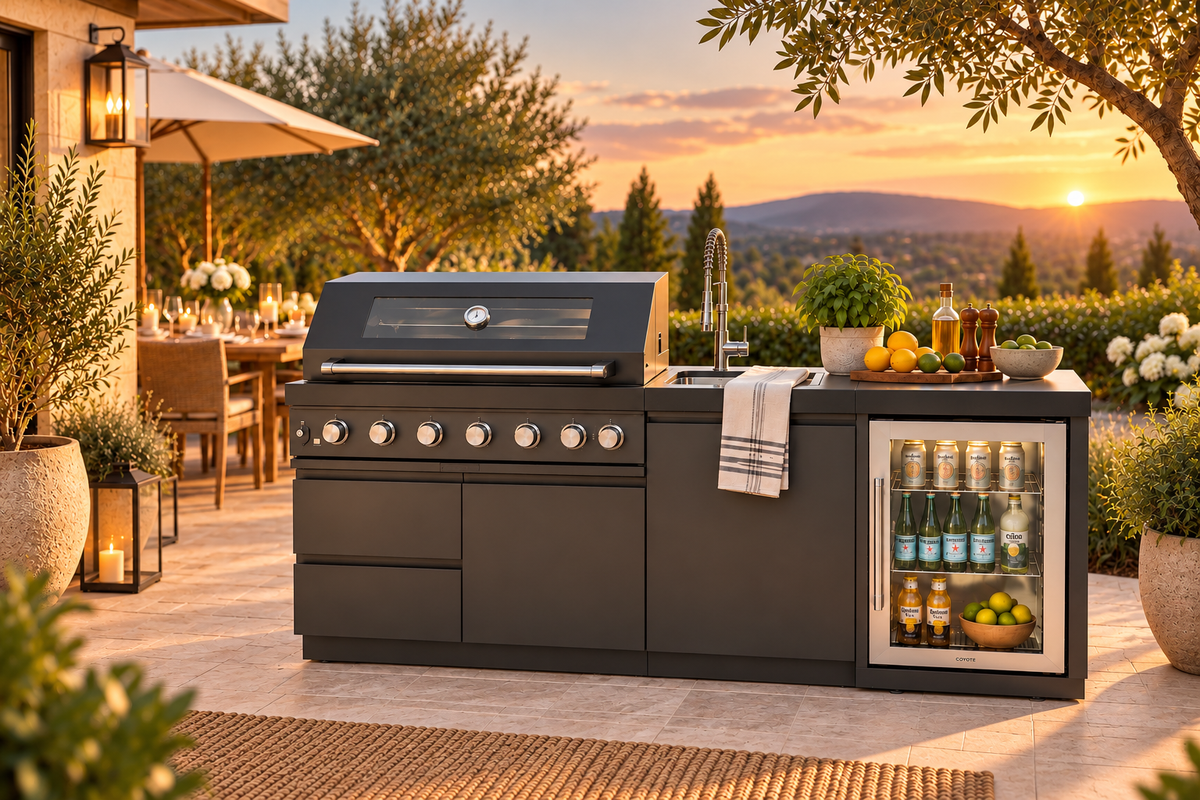 6-Burner Outdoor Kitchen Island with Wine Cooler, Sink & Rotisserie – Black