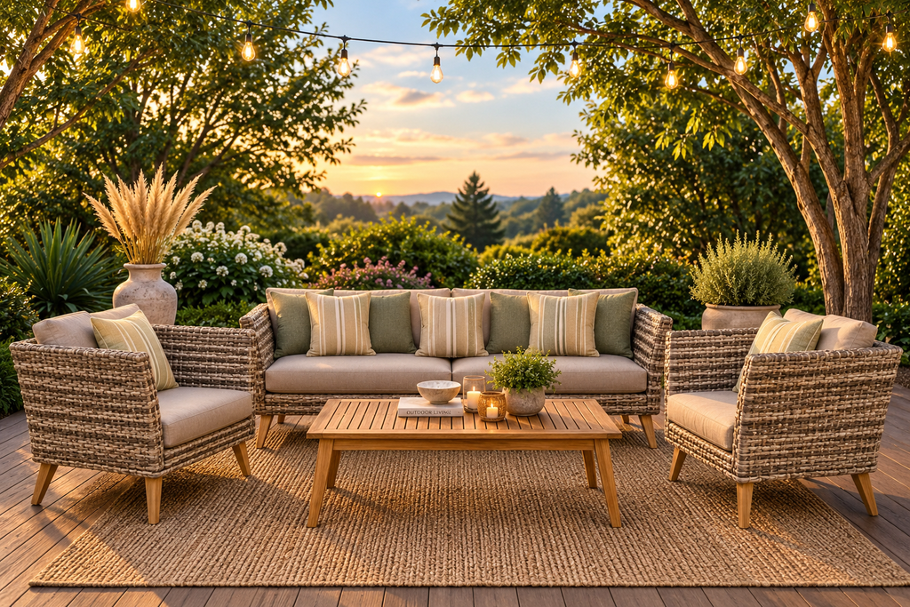 Eucalyptus & Wicker Outdoor Seating Set – 3- or 4-Piece