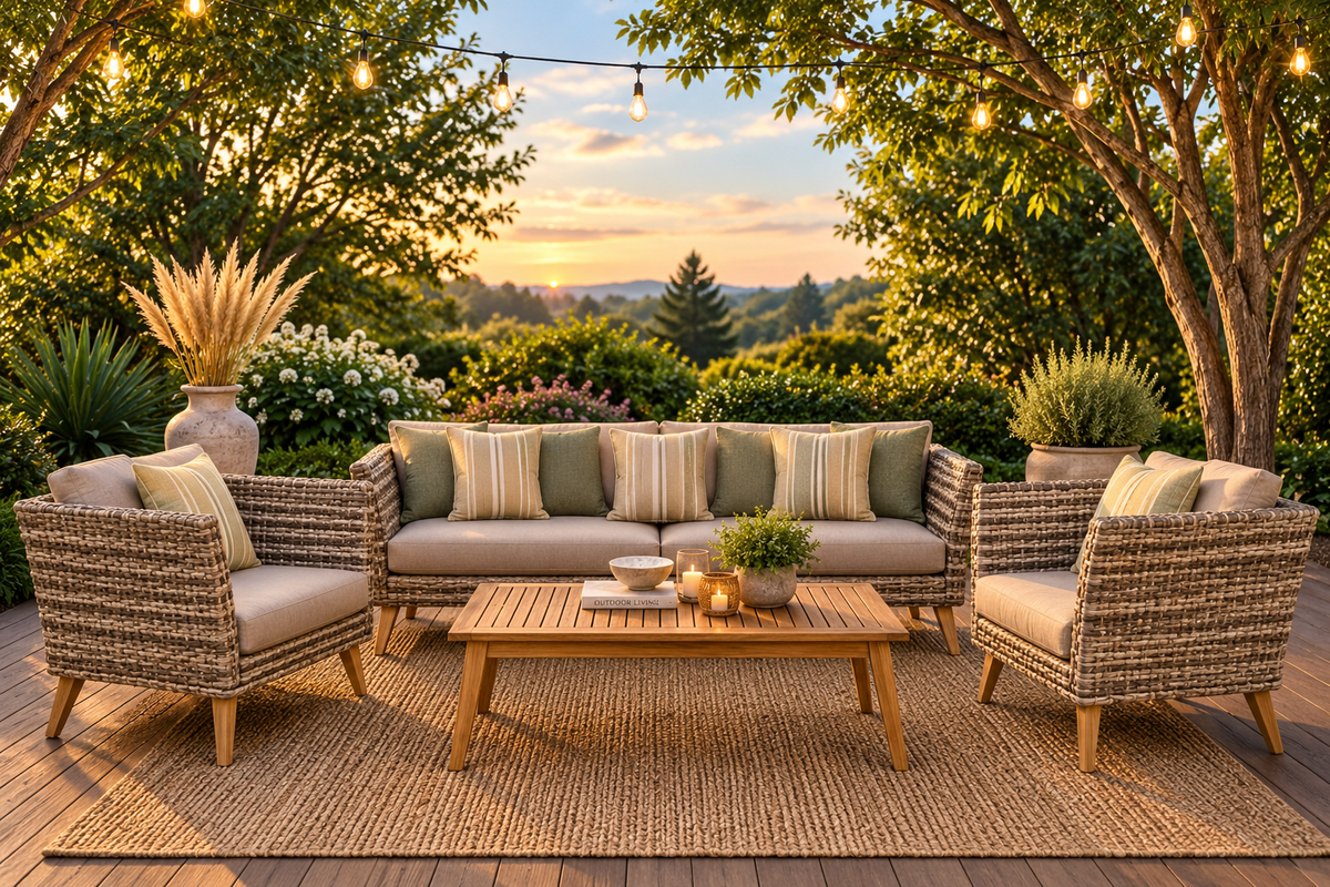 Eucalyptus & Wicker Outdoor Seating Set – 3- or 4-Piece