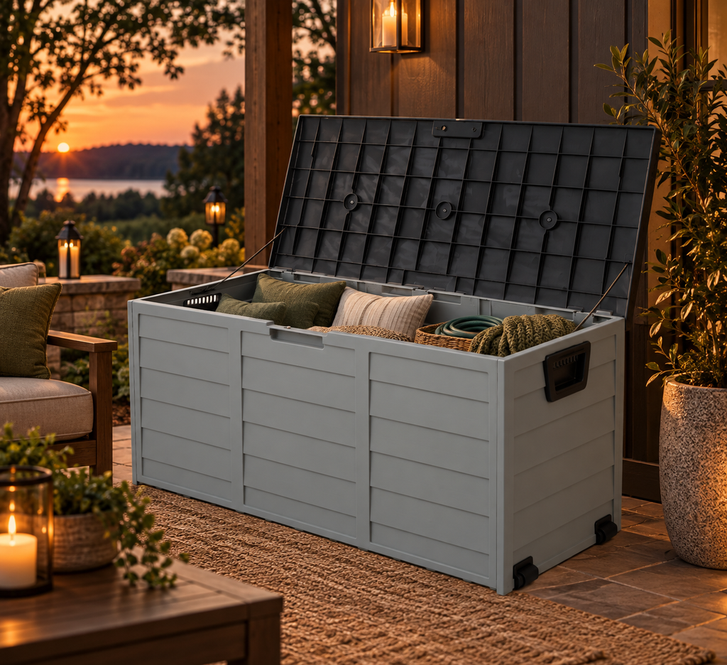 75 Gallon Resin Deck Box with Wheels for Outdoor Storage