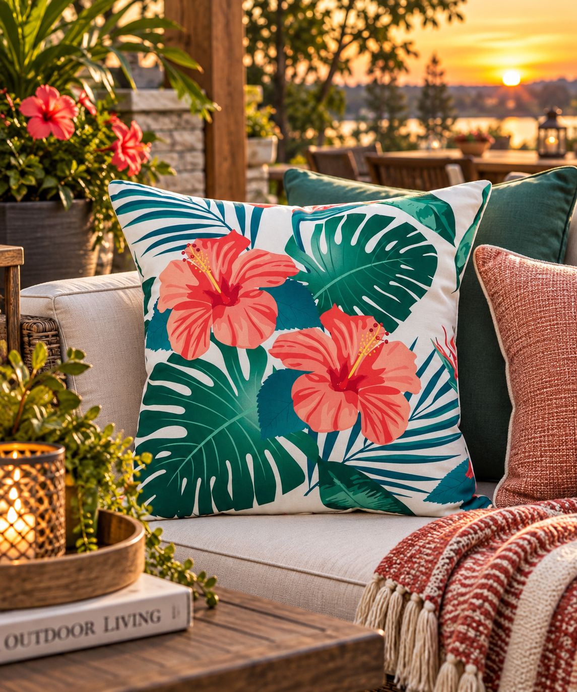 Monstera & Hibiscus Indoor/Outdoor Throw Pillow – 18"