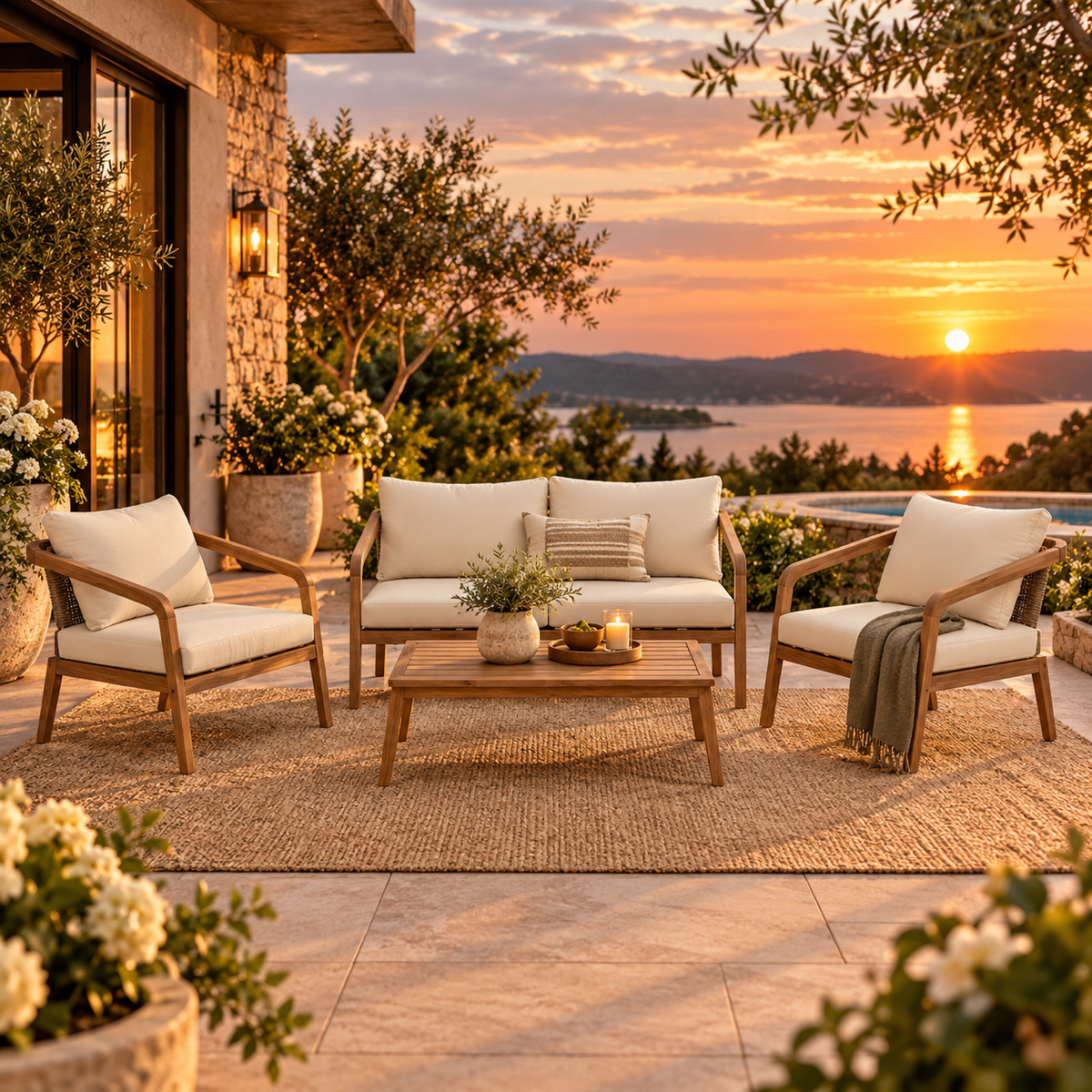 4-Piece Acacia Wood & Wicker Patio Set