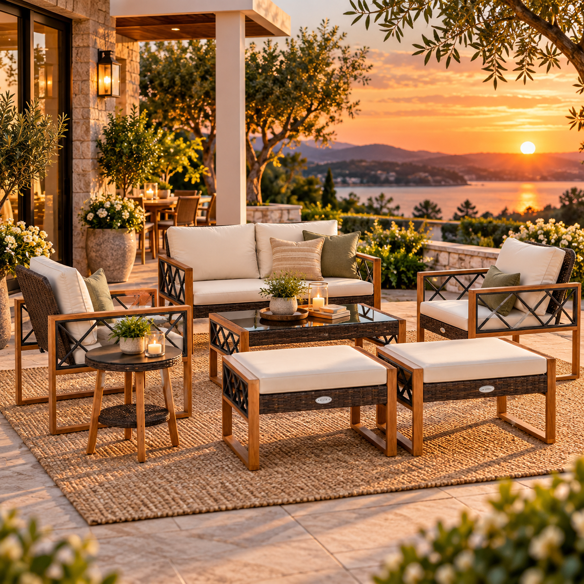 7-Piece Wicker & Acacia Outdoor Conversation Set