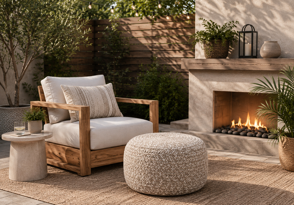 Natural Fiber Light Gray Knitted Outdoor Pouf