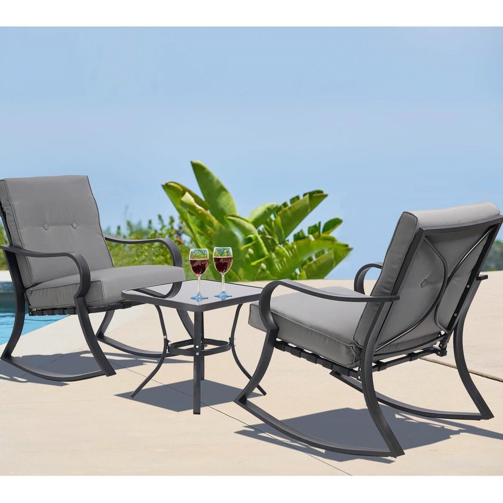 3-Piece Outdoor Rocking Chair Set with Cushions