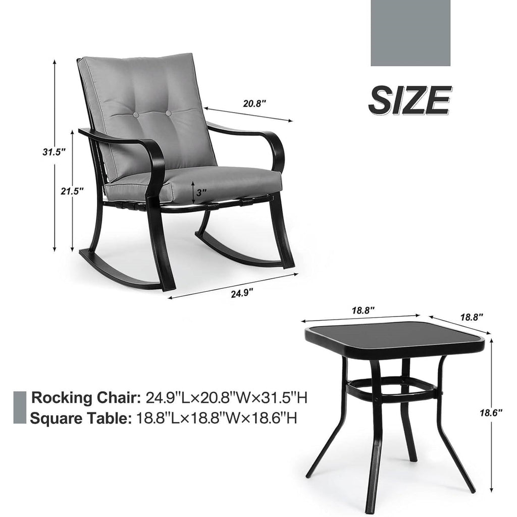 3-Piece Outdoor Rocking Chair Set with Cushions