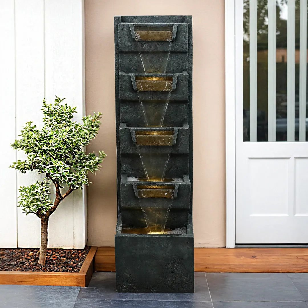 Geometric Cascading Outdoor Wall Fountain with LED Lights