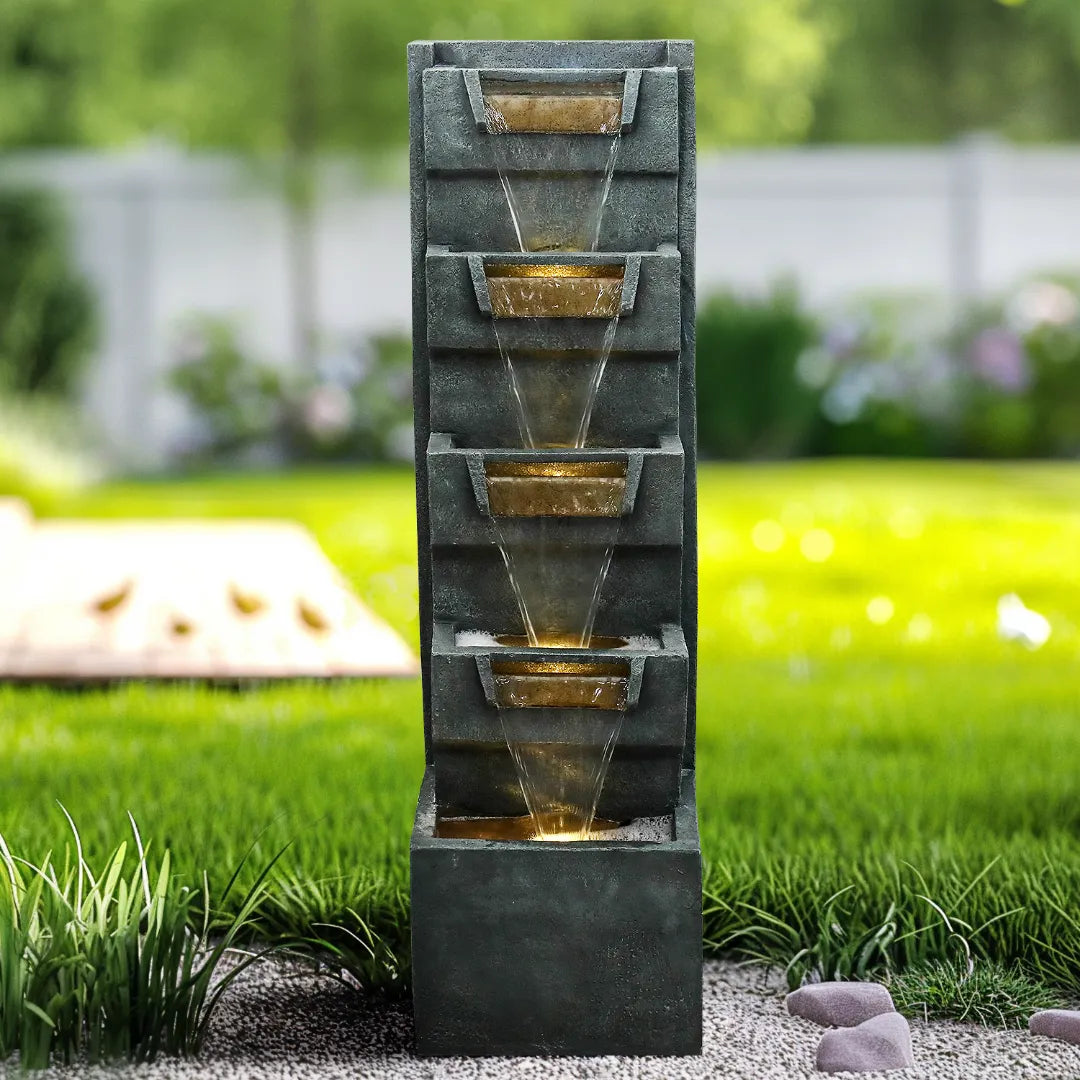 Geometric Cascading Outdoor Wall Fountain with LED Lights