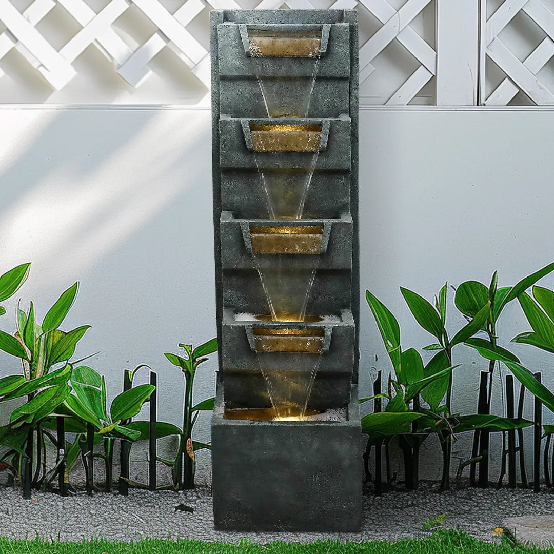 Geometric Cascading Outdoor Wall Fountain with LED Lights