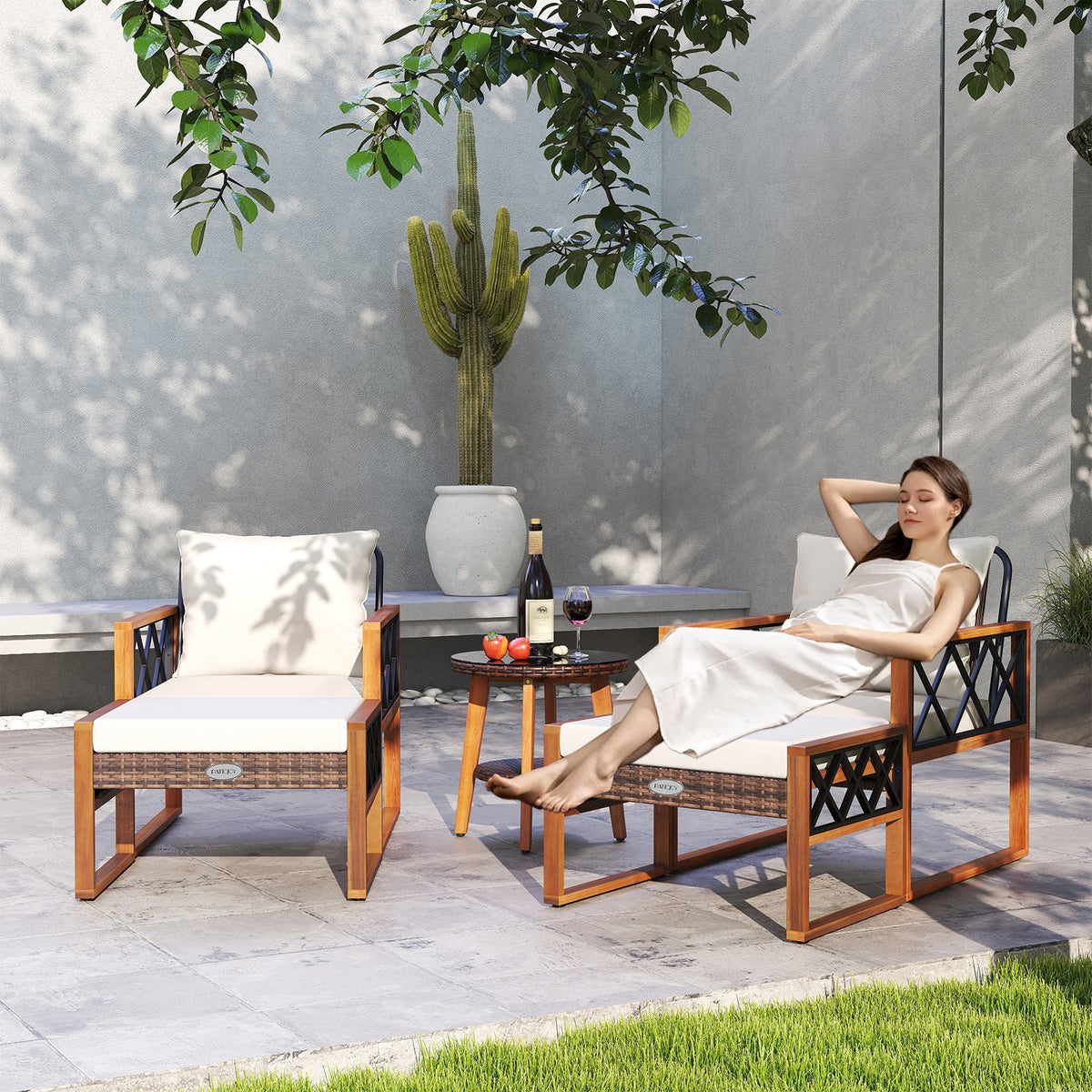 Off-white acacia wood and woven rattan conversation set chair angle