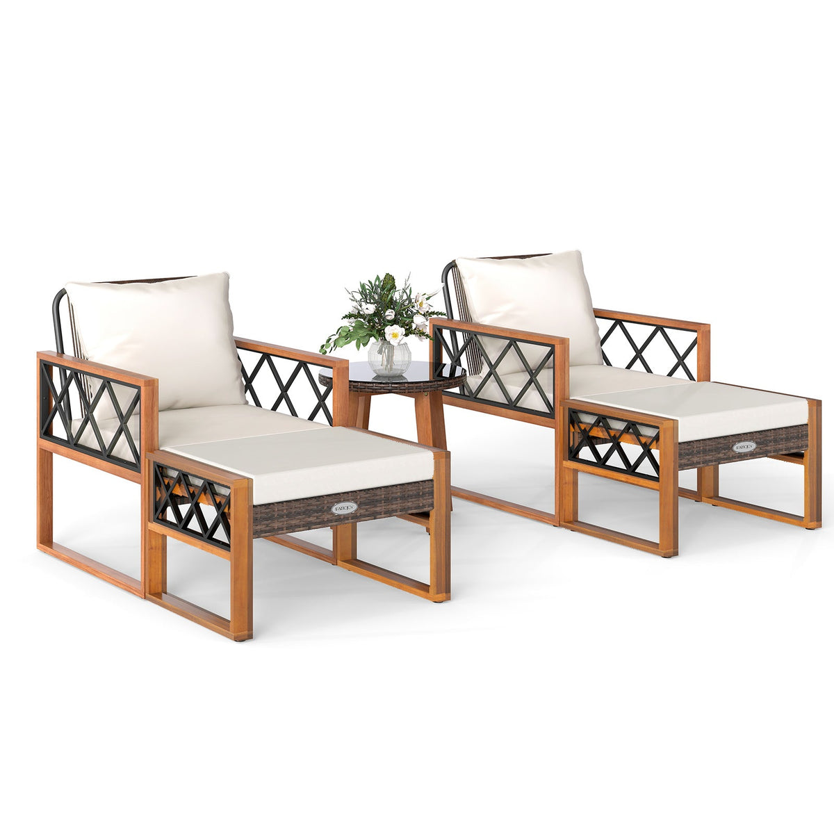 Off-white acacia wood and woven rattan conversation set ottoman detail