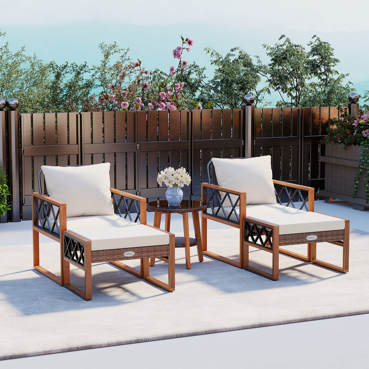 Off-white acacia wood and woven rattan conversation set table detail