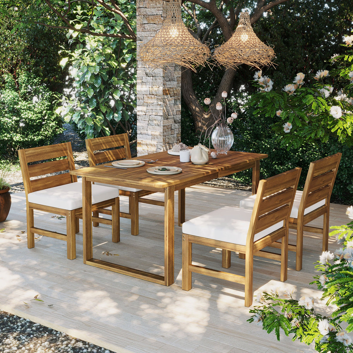 5-Piece Acacia Wood Outdoor Dining Set with Cushioned Chairs
