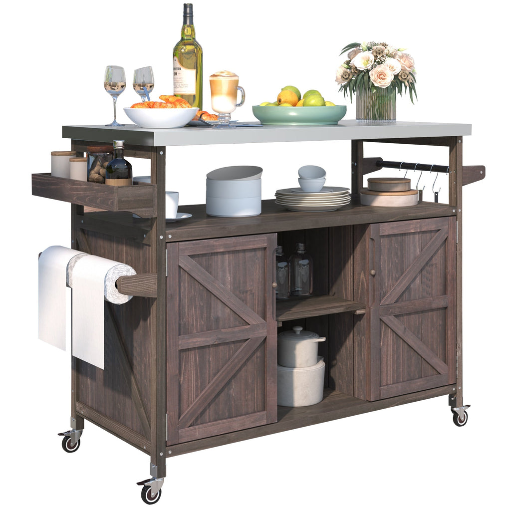 Outdoor Kitchen Island, Rolling Bar Cart & Storage Cabinet-Brown