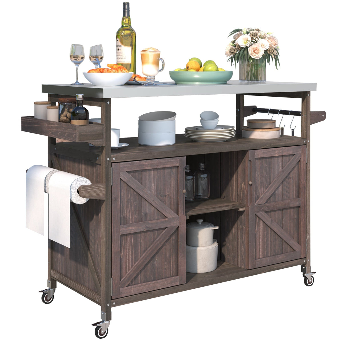 Outdoor Kitchen Island, Rolling Bar Cart & Storage Cabinet-Brown