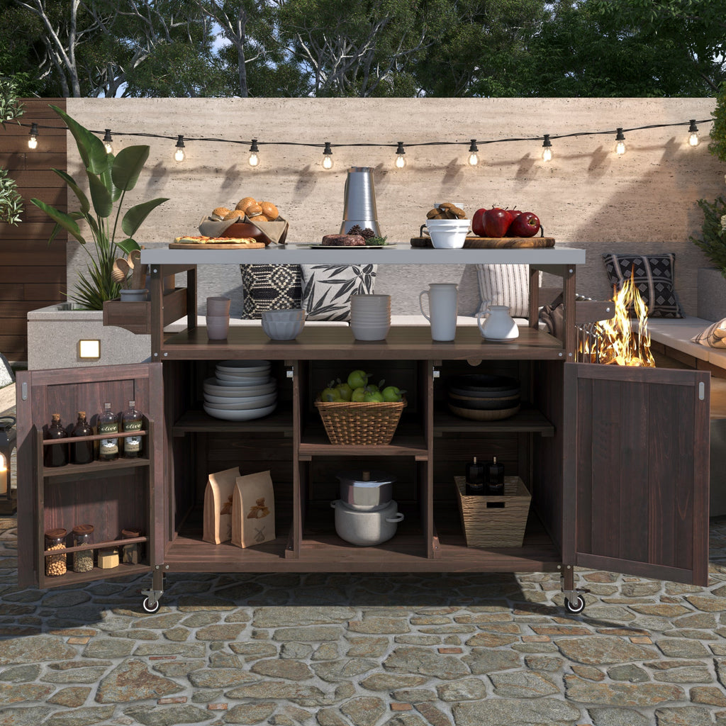 Outdoor Kitchen Island, Rolling Bar Cart & Storage Cabinet-Brown