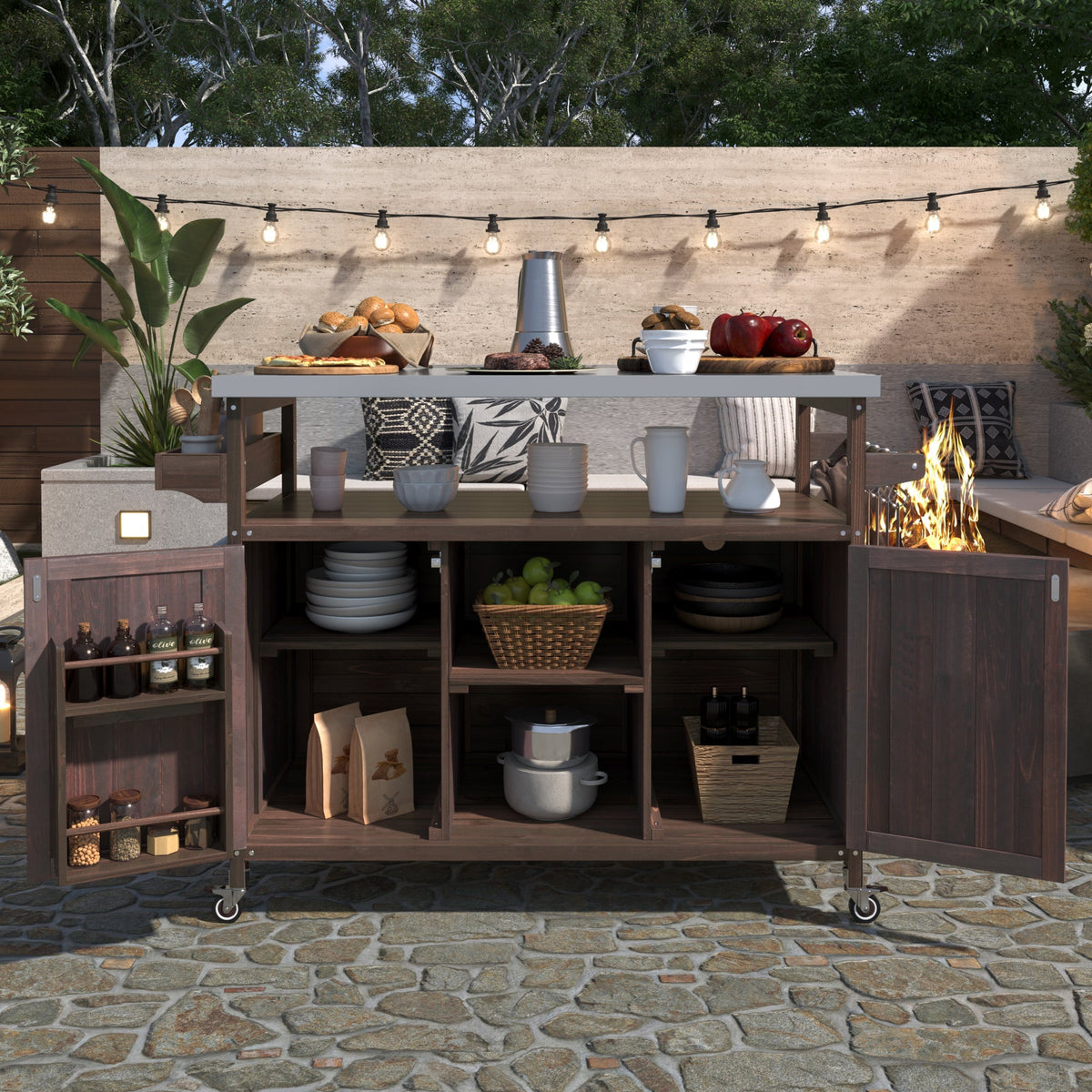 Outdoor Kitchen Island, Rolling Bar Cart & Storage Cabinet-Brown