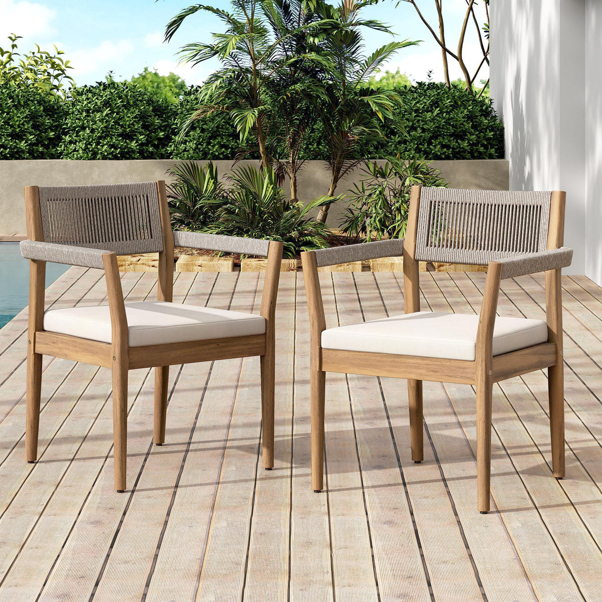 Acacia & Woven Rope Outdoor Dining Chairs – Set of 2