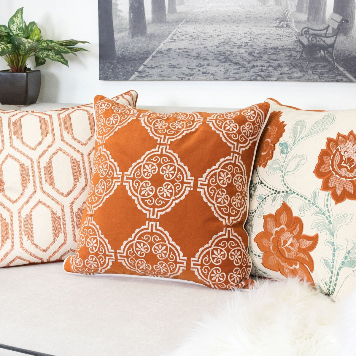 Burnt Orange Damask Embroidered Throw Pillow – 20"