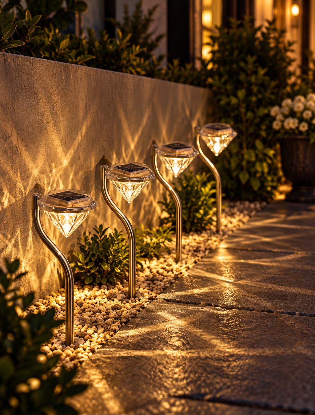 Diamond solar garden lights glowing along a landscaped walkway at dusk