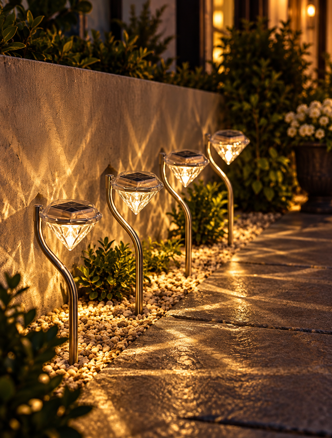 Diamond solar garden lights glowing along a landscaped walkway at dusk