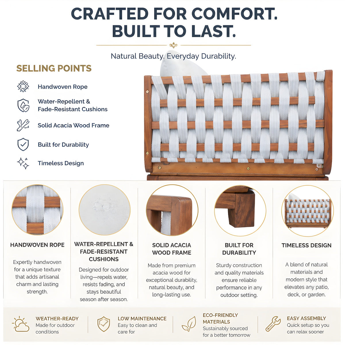 4-Piece Acacia Wood & Rope Patio Set