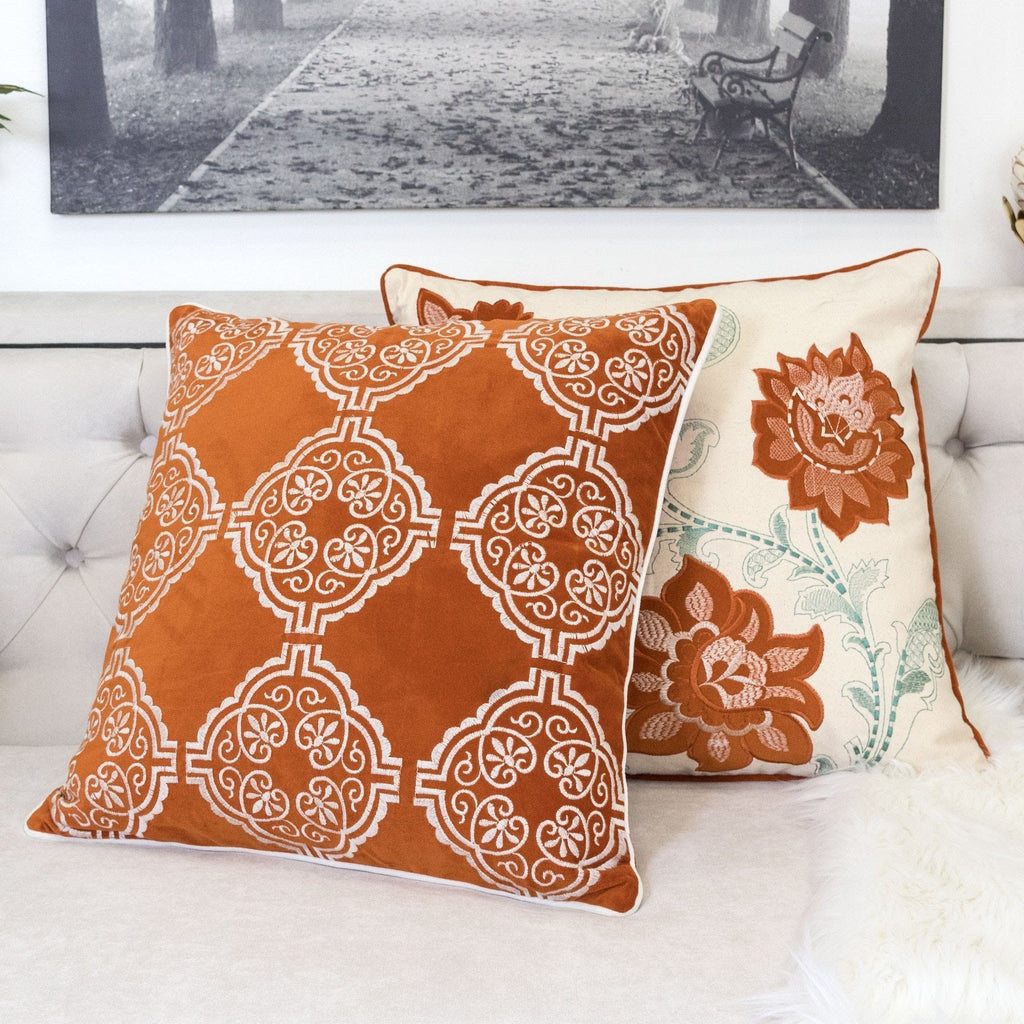 Burnt Orange Damask Embroidered Throw Pillow – 20"