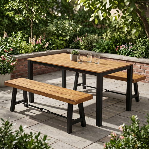 3-Piece Acacia Wood Dining Set with Benches
