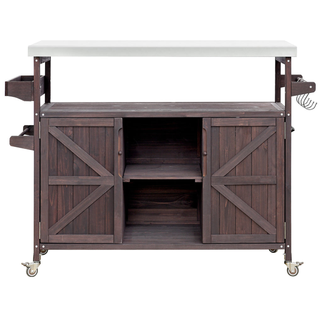 Outdoor Kitchen Island, Rolling Bar Cart & Storage Cabinet-Brown