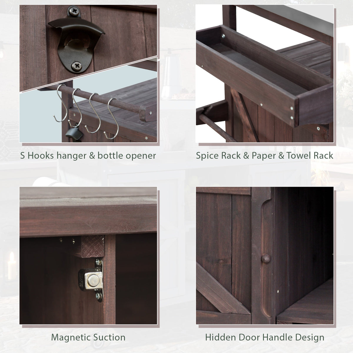 Outdoor Kitchen Island, Rolling Bar Cart & Storage Cabinet-Brown