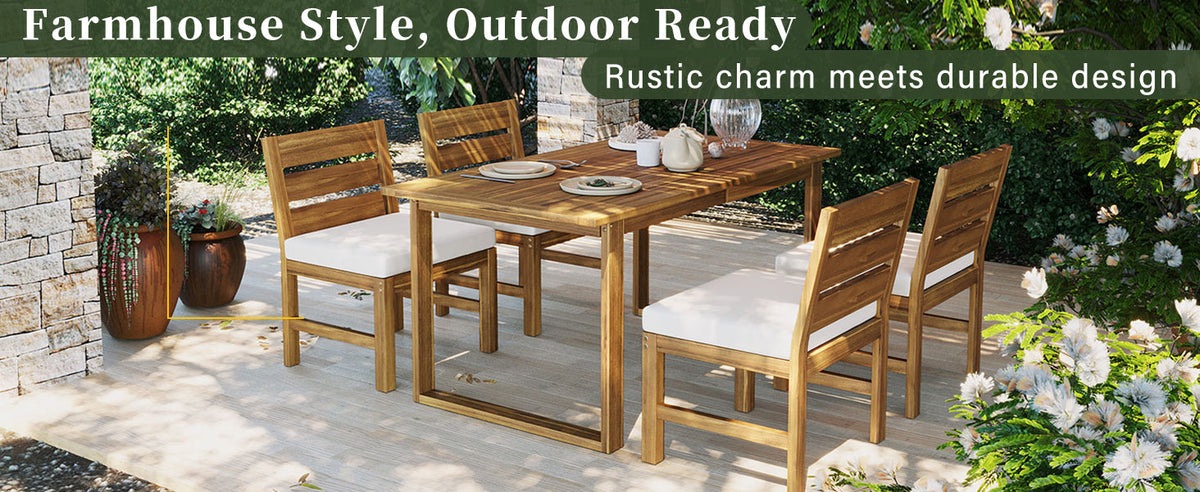 5-Piece Acacia Wood Outdoor Dining Set with Cushioned Chairs