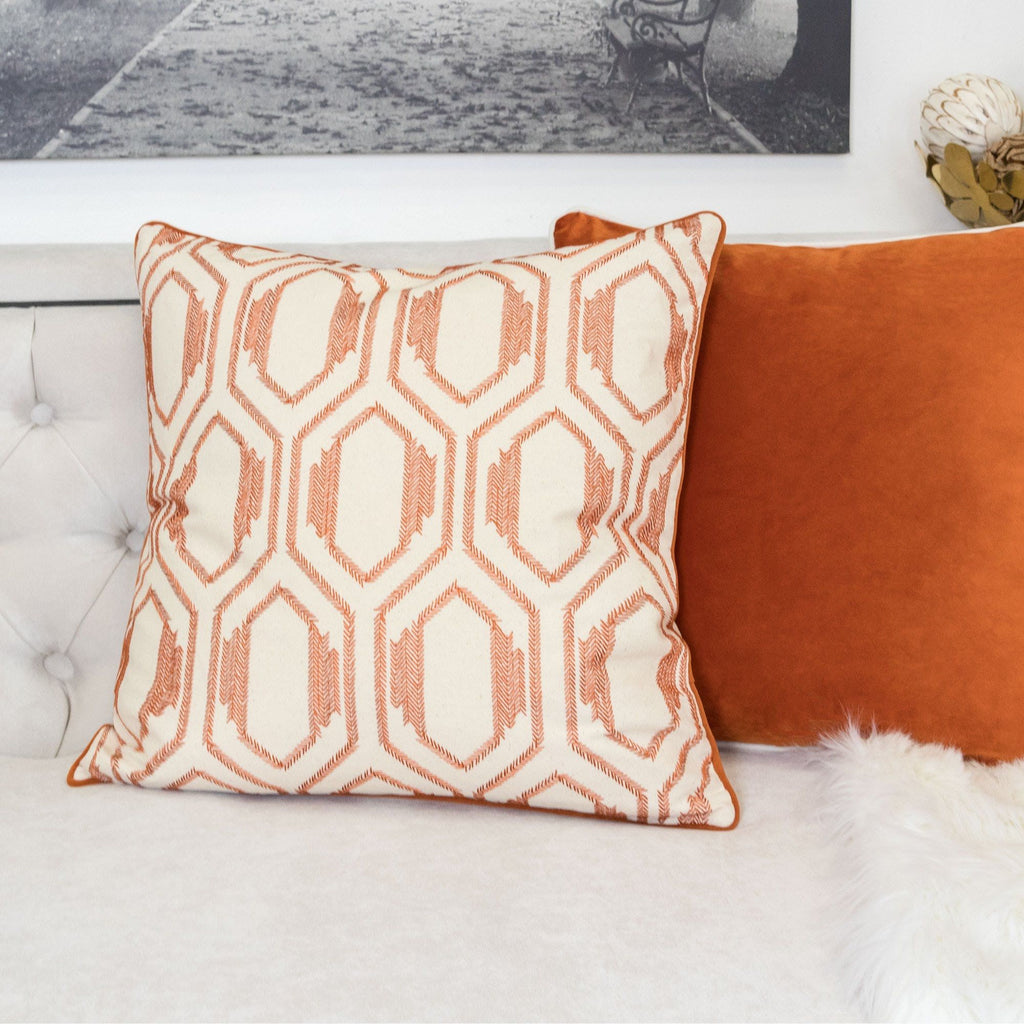Rust Geometric Embroidered Throw Pillow – 20"