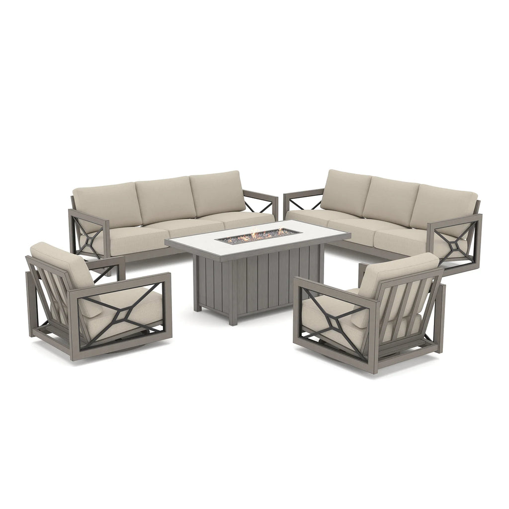Marindo 8-Person Faux-Wood Aluminum Swivel Patio Outdoor Salon with Fire Pit Table