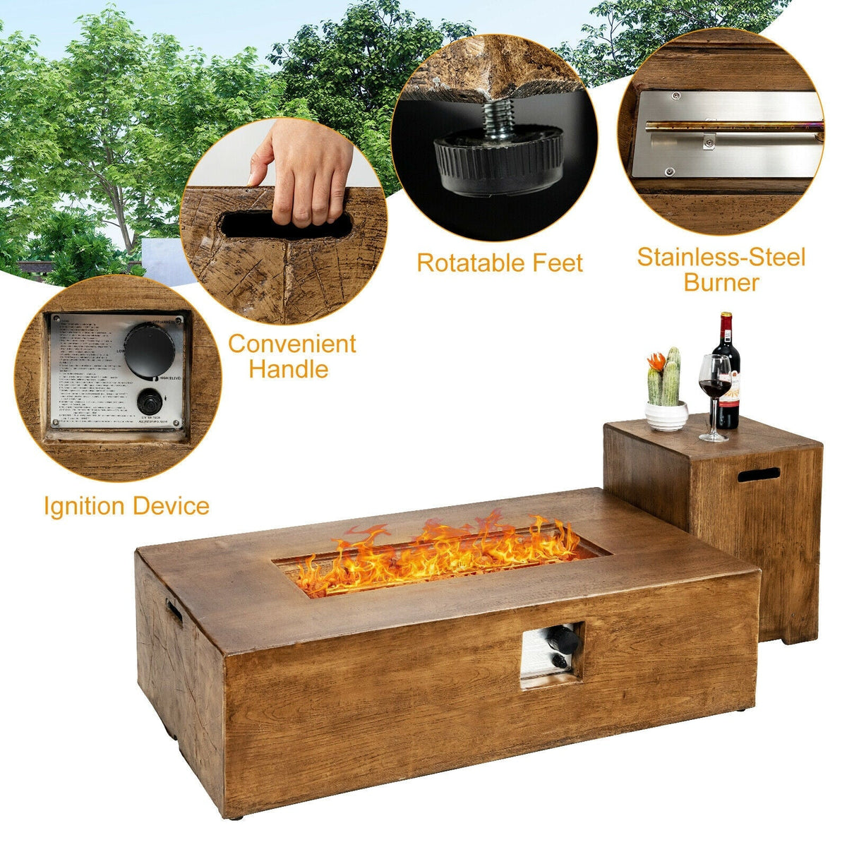2-Piece Outdoor Propane Fire Pit & Side Table Set