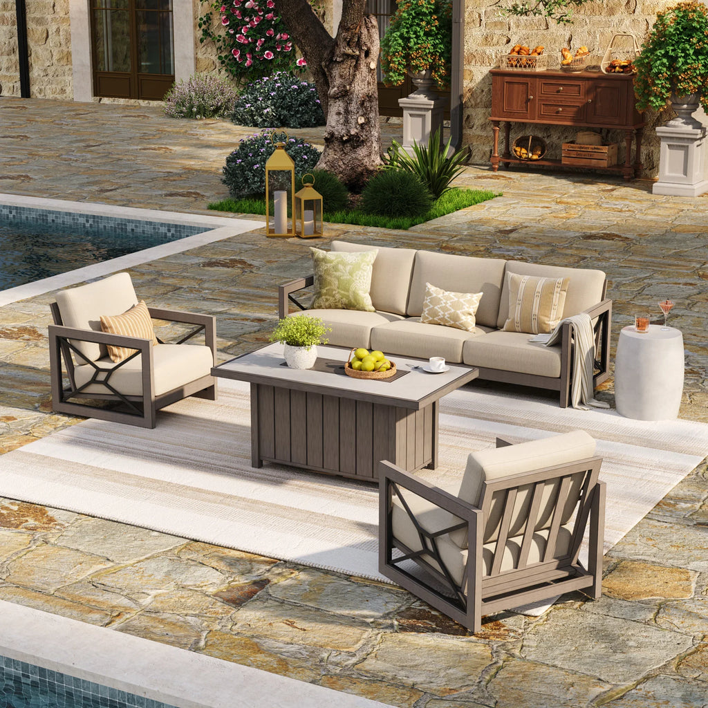 Luxury 4-Piece Aluminum Patio Set with Sunbrella® Cushions & Fire Pit