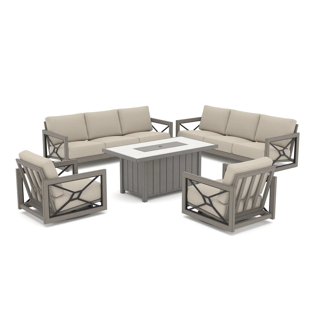 Marindo 8-Person Faux-Wood Aluminum Swivel Patio Outdoor Salon with Fire Pit Table