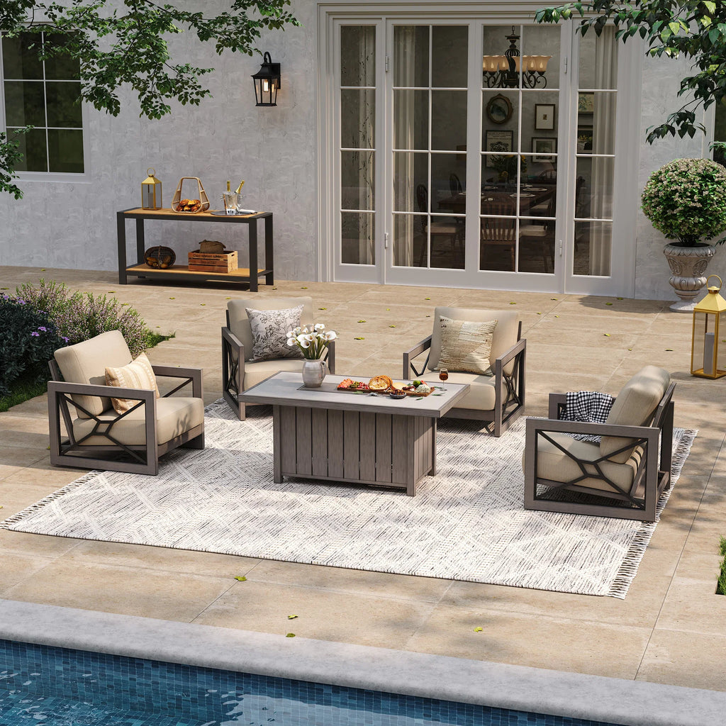 Marindo 5-Piece Faux-Wood Aluminum Patio Fire Centerpiece Gathering Combo